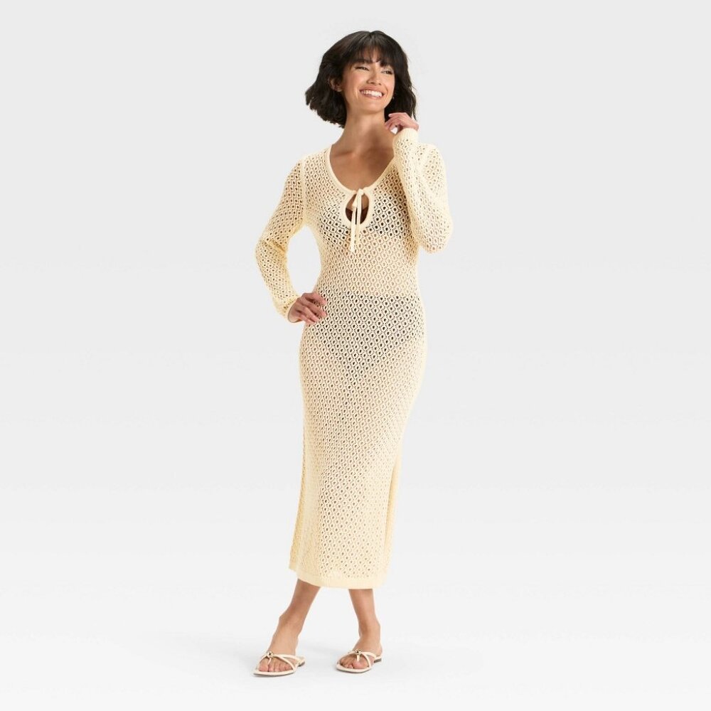 Women's Crochet-Style Long Sleeve Maxi Sweater Dress - A New Day™ Cream S